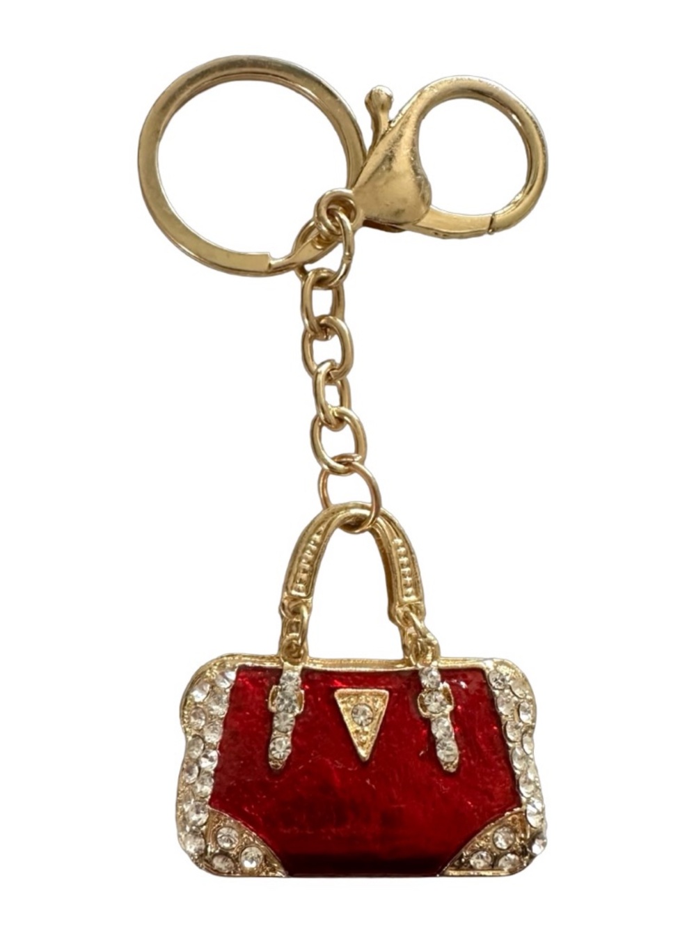 Gold-tone Red Jeweled Purse Keychain Ring Handbag Charm 4.5” Luxury